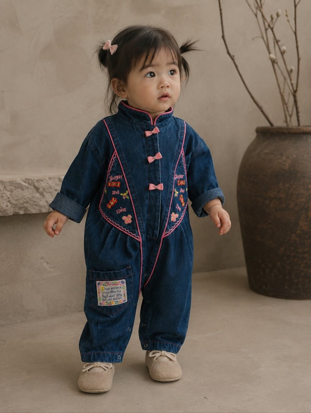 Vintage 90s Popsicle Baby Denim Romper 12M Sugar & Spice Embroidered